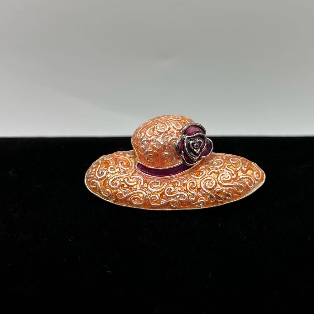 Liz Claiborne Vintage Hat Brooch Silver Tone Peach Orange Burgundy Enamel